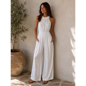 Skemo White Smocked Flowy Resortwear Coastal chic vacation Wide-Leg Jumpsuit M